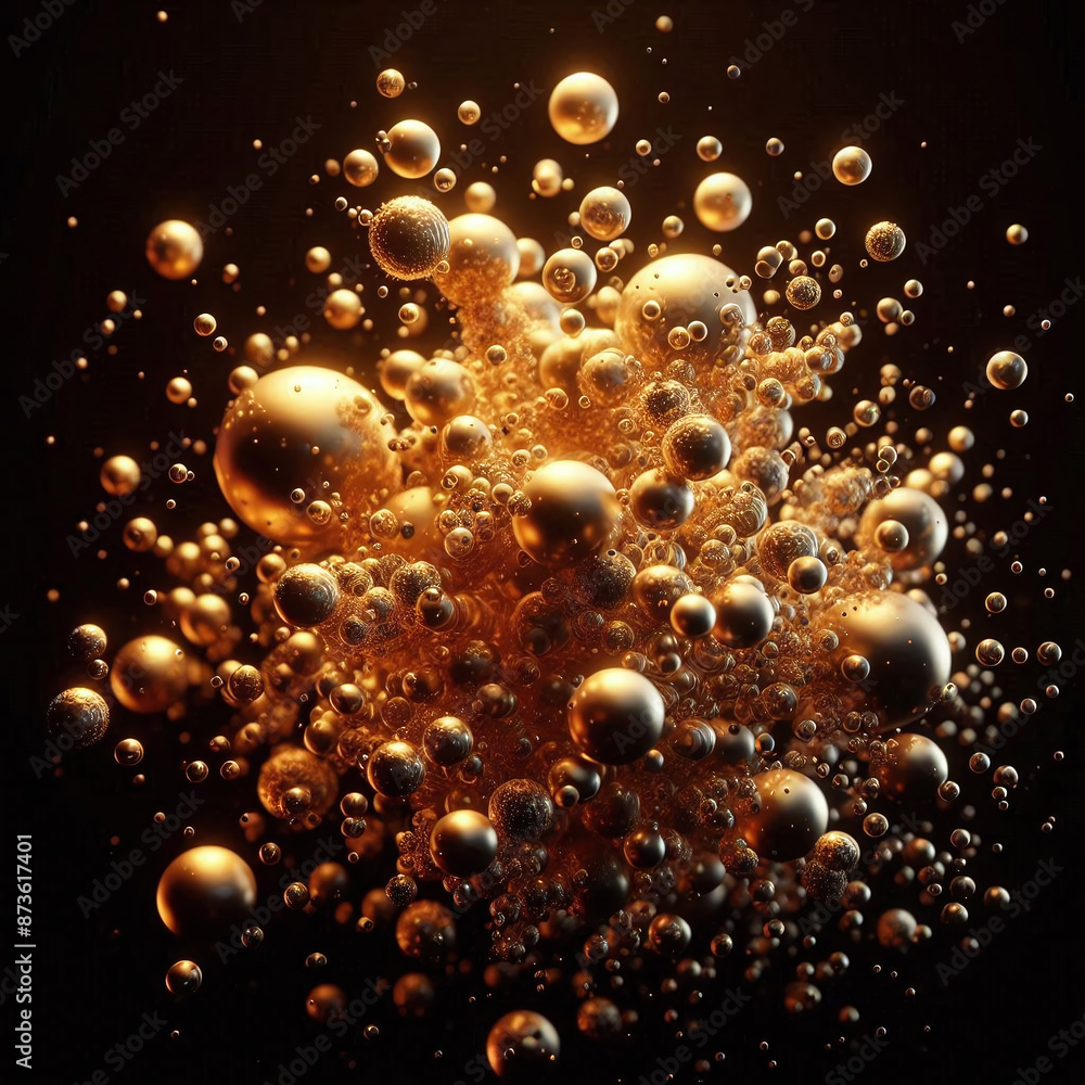Poster golden spheres bursting forth in a vibrant display