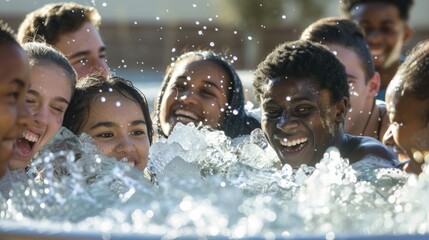Smiling faces surrounding a large tub filled with ice and water at a community ice bath event.