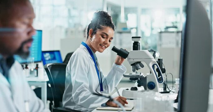 Woman, research and microscope in laboratory, notes and medicine for healthcare study or biotechnology. Medical, female scientist person and clinic for Alzheimer cure, breakthrough and dna testing