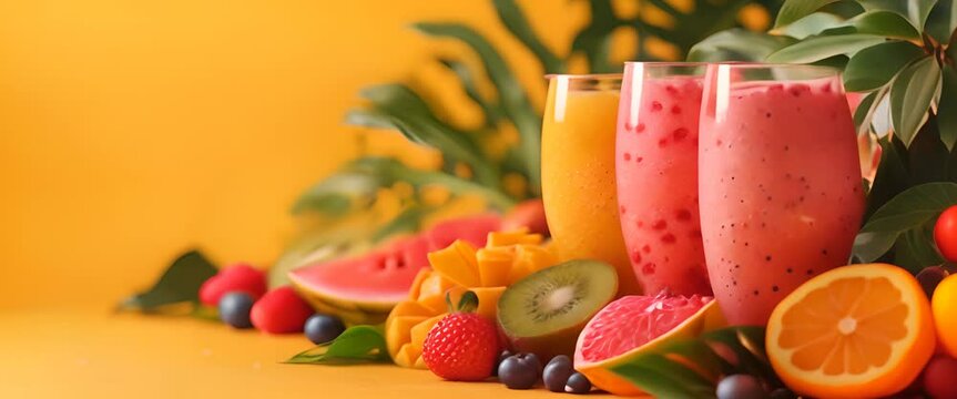 Tropical smoothie summer sales banner, border of exotic fruits and smoothie glasses, tropical blend colors, smoothie special copy space