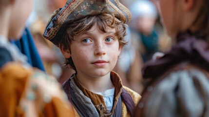 Fototapeta premium Close-up of a young boy dressed in a Renaissance costume, capturing the essence of historical attire and innocence.