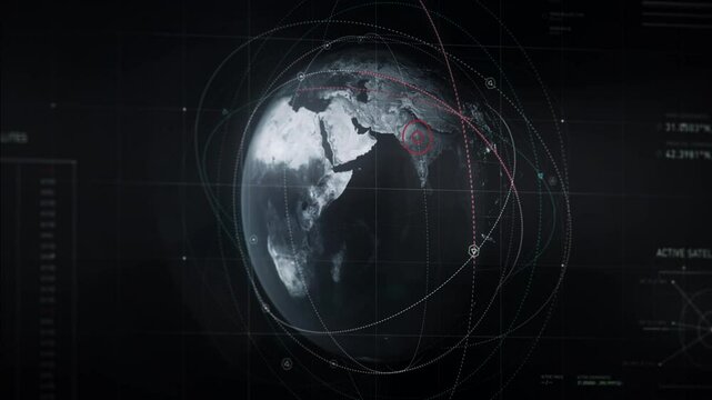 User interface. Planet earth close-up. Active satellites. Satellites around India. Detectives of national security agency use the satellites program to track the location of a dangerous criminal.