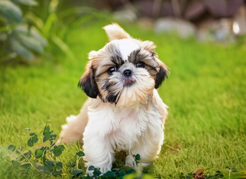 puppy Shih Tzu dog in garden. High quality photo
