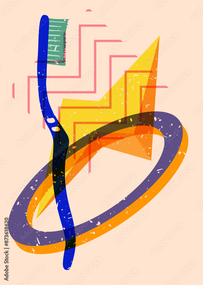 Poster risograph toothbrush with geometric shapes. objects in trendy riso graph print texture style design 