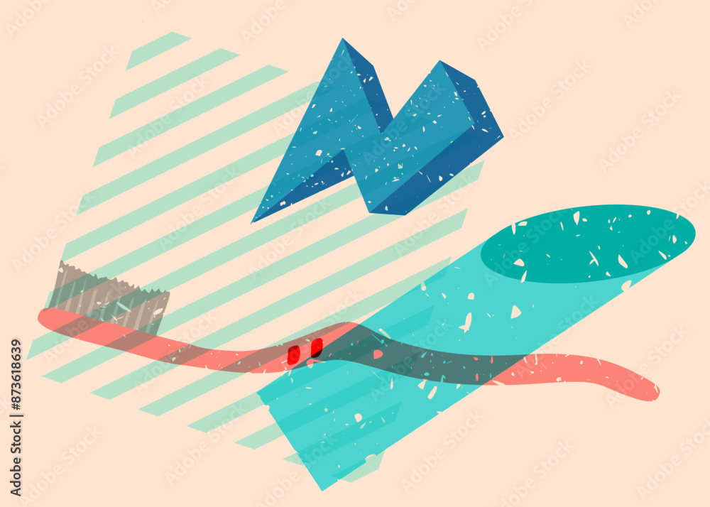Poster risograph toothbrush with geometric shapes. objects in trendy riso graph print texture style design 