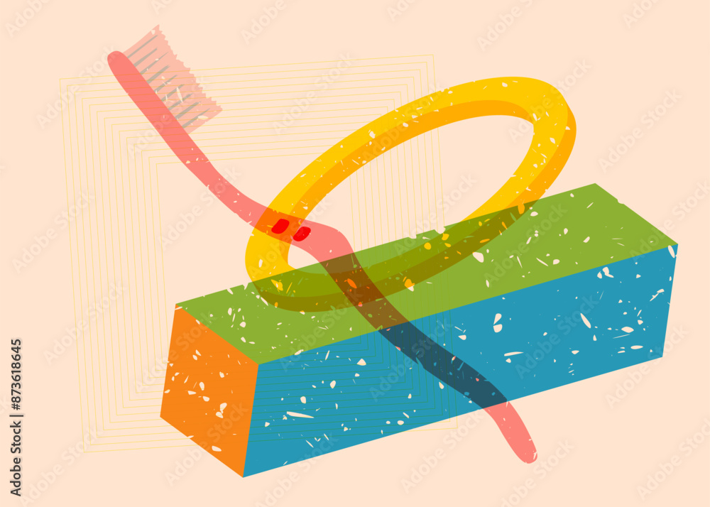 Poster risograph toothbrush with geometric shapes. objects in trendy riso graph print texture style design 