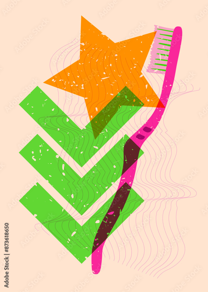 Poster risograph toothbrush with geometric shapes. objects in trendy riso graph print texture style design 