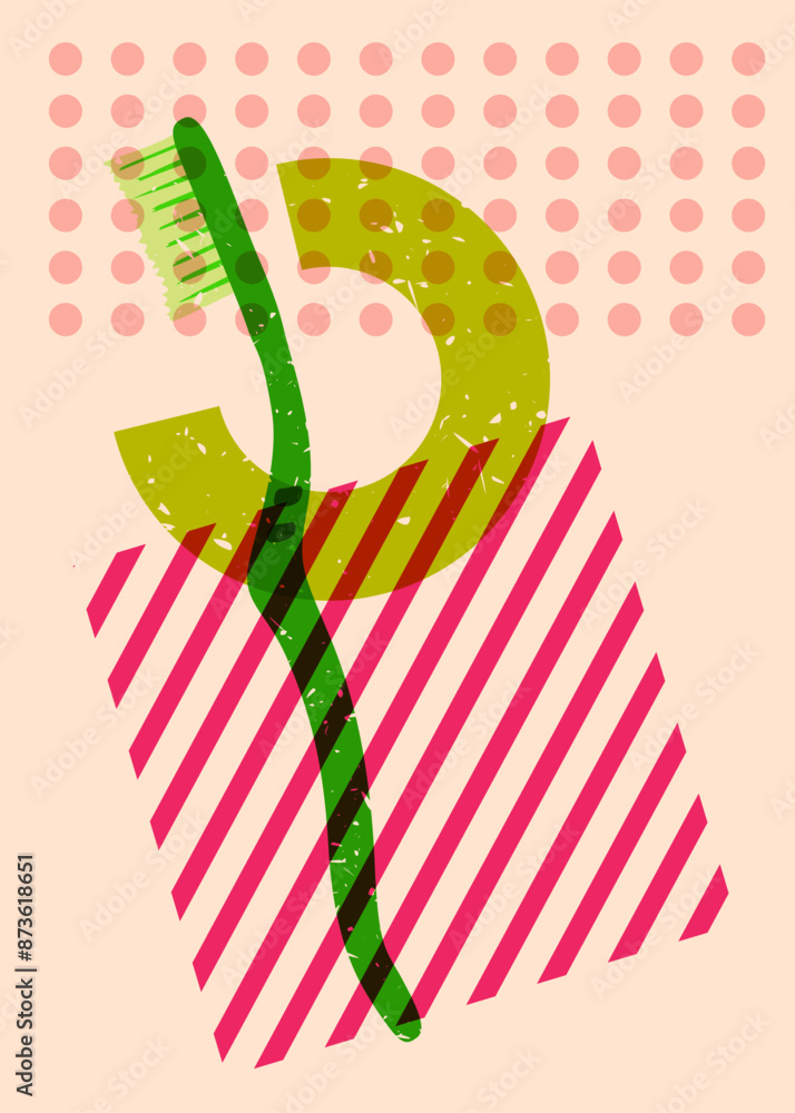 Poster risograph toothbrush with geometric shapes. objects in trendy riso graph print texture style design 