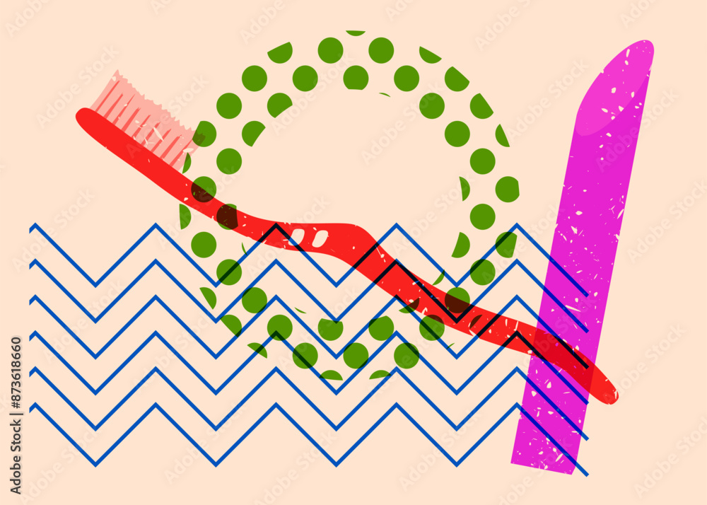 Poster risograph toothbrush with geometric shapes. objects in trendy riso graph print texture style design 