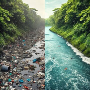 Before/after split image of polluted vs. clean river