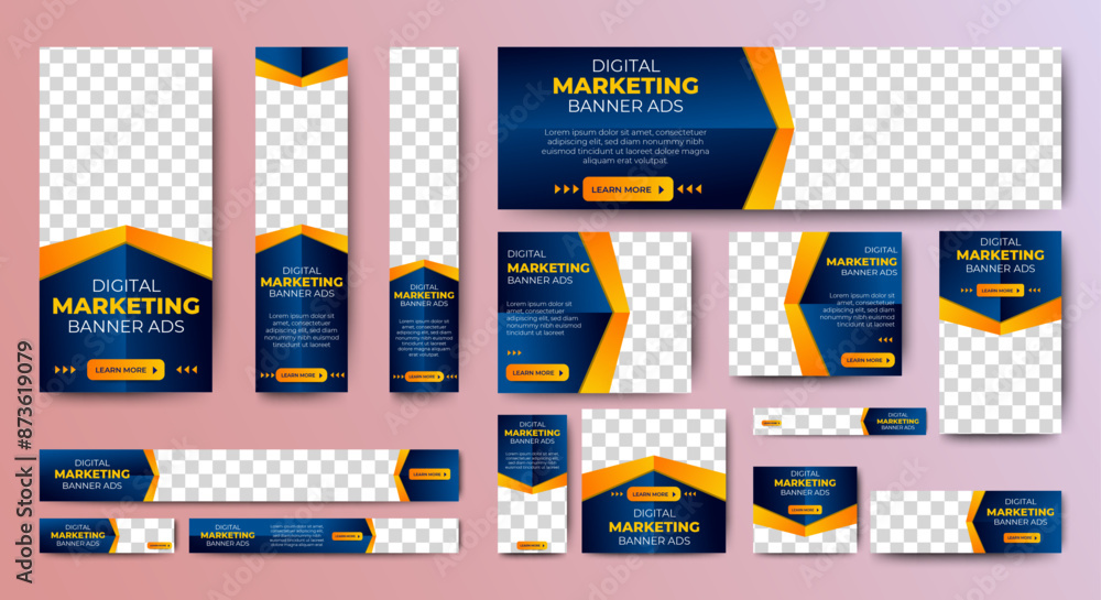 Poster set of blue background for web ad banner template with text and image spaces. vector