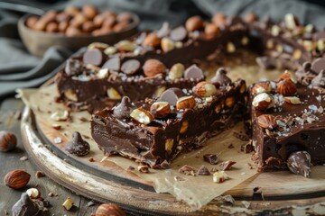 Gourmet dark chocolate nut bark with almonds and hazelnuts, sprinkled with sea salt, on a wooden surface