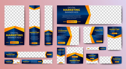 set of blue background for web ad banner template with text and image spaces. vector