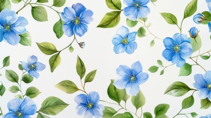Beautiful Blue Floral Pattern with Green Leaves on White Background - Seamless Botanical Design