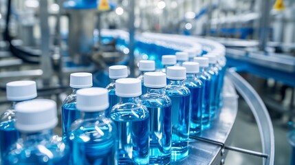 a pharmaceutical bottling plant. The image should focus on a production line with clear glass vials filled with blue liquid, neatly moving along the conveyor belt