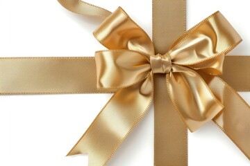 Elegant Gold Ribbon Bow on White Background - Perfect for Gift Wrapping, Celebrations, and Festive Occasions