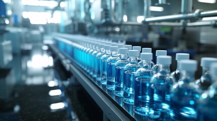 Fototapeta premium a pharmaceutical bottling plant neatly moving along the conveyor belt