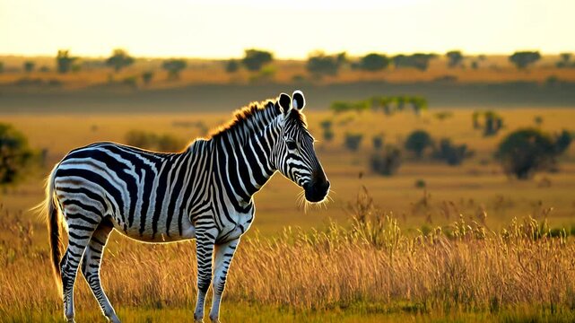 Lone Zebra in Savannah at Sunset
