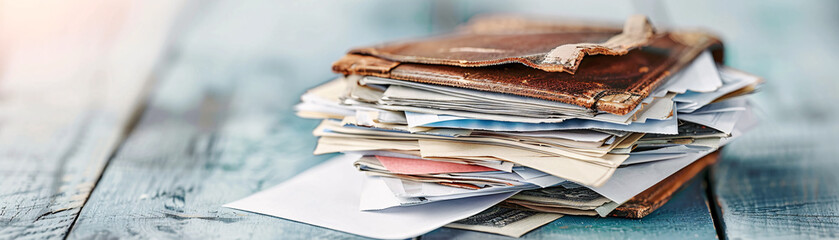 Stack of old books and papers on a wooden table.