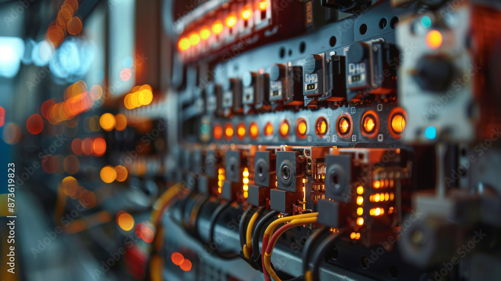 Poster a control panel with numerous lit indicators and wires in a data center, showcasing technology and i