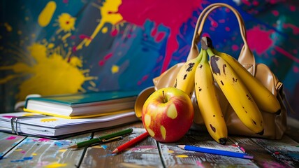  A well-lit scene showcasing a collection of school supplies, including a decent bag, a book, a pen, a pencil, an apple, and  bananas, all set against a backdrop of vibrant splashes. 
