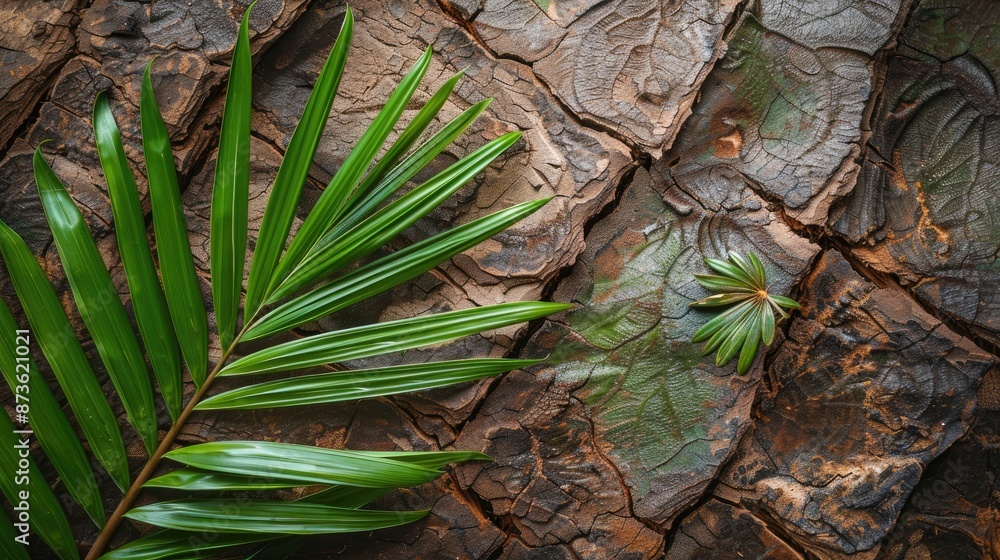 Sticker selective focus green palm leaf on palm tree bark background