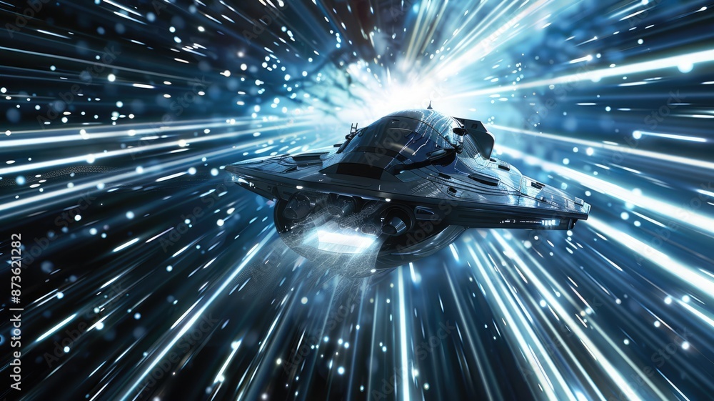 Poster spaceship flying through space with stars and galaxies in the background. concept of space explorati