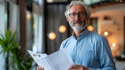 A confident senior man with glasses holds documents in a modern office, exuding professionalism and experience.