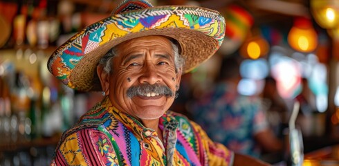 Fototapeta premium Smiling Man Wearing a Colorful Sombrero in a Bar