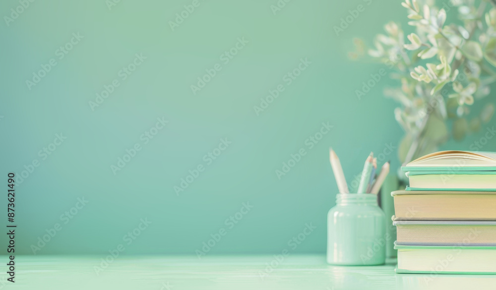 Poster stack of books and pencils on a mint green desk, creating a fresh and organized workspace ideal for 
