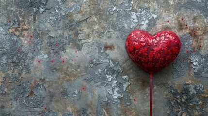 A red heart-shaped ornament against a rustic, textured background, symbolizing love and romance in a rugged setting.