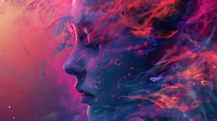 A striking profile of a woman's face surrounded by colorful neon lights and smoke, creating a futuristic and vibrant scene.