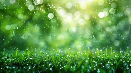 Obraz premium Close-up of dew drops sparkling on fresh green grass, with a blurred, bokeh background creating a serene and refreshing scene.