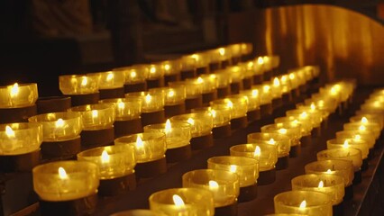 A lot of burning candles in temple. Concept of memorial day, religion, prayer, God. Flame burning on the candle. Commemorative candles for day of the dead, cemetery visiting, souls of ancestors