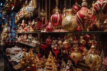 Obraz premium Colorful display of christmas decorations at a holiday market stall