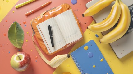  A neatly arranged back-to-school setup with a decent bag filled with books, various stationery supplies, and fresh fruit , all on a solid white background. 

