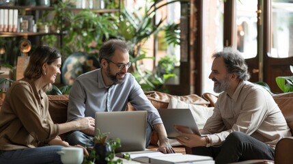 Happy businesspeople laughing while collaborating on a new project in an office. Group of diverse businesspeople working together in modern workspace.