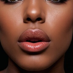 Fototapeta premium Close up of African American woman with dark lipstick lips and golden eye shadow showing off flawless makeup and well defined eyebrows for a charming and elegant beauty look