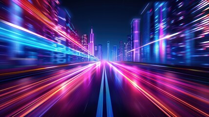 Obraz premium Futuristic Neon Cityscape with Blurred Lights and Modern Skyscrapers at Night