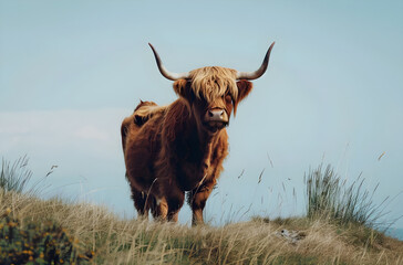 Scottish Highland Cow On A Grassy Mountain