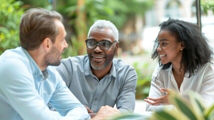Obraz premium Happy businesspeople laughing while collaborating on a new project in an office. Group of diverse businesspeople working together in modern workspace.