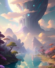 A retro sci fi landscape with pastel colors. 