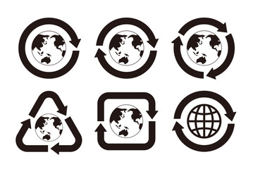 陸がスミベタの地球を中心としたさまざまな形の矢印の白黒のリサイクルマークのアイコンセット