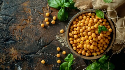 Bowl of yellow peas with fresh basil leaves on rustic background