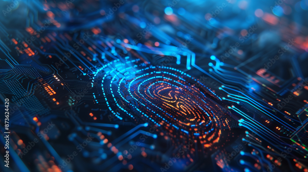 Poster digital data protection cyber security with fingerprint biometric encryption, internet network conne