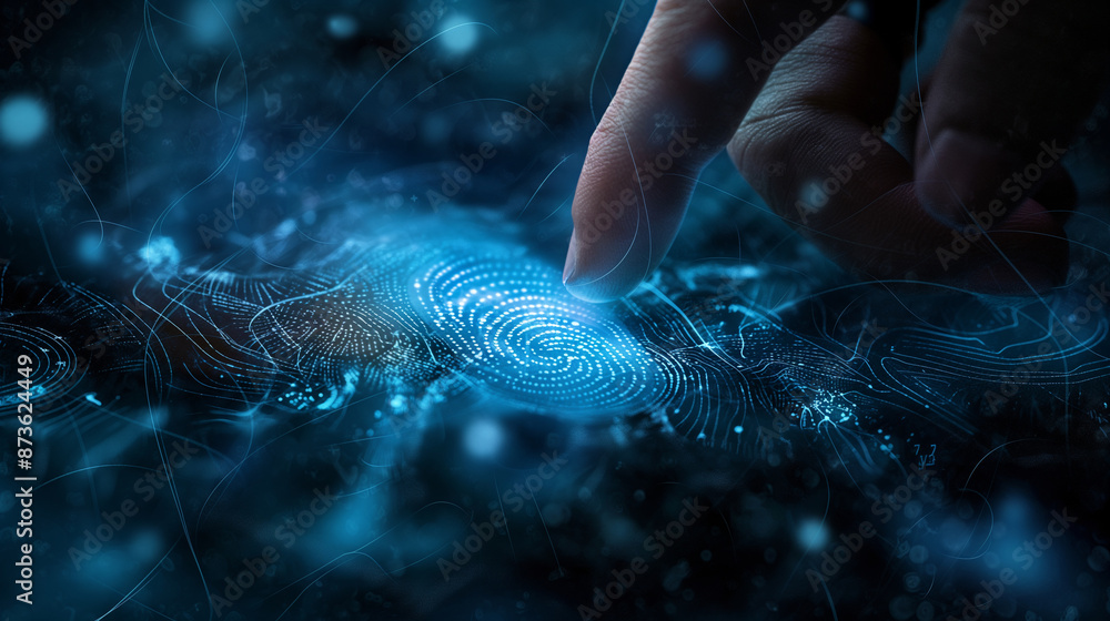 Poster digital data protection cyber security with fingerprint biometric encryption, internet network conne