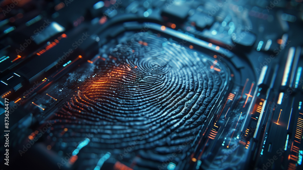 Poster digital data protection cyber security with fingerprint biometric encryption, internet network conne