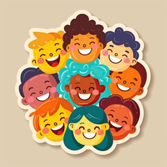 Diverse group of happy children with different skin tones and hairstyles.