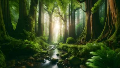 Fototapeta premium Sunlit Forest Glade – Peaceful Stream and Ancient Trees