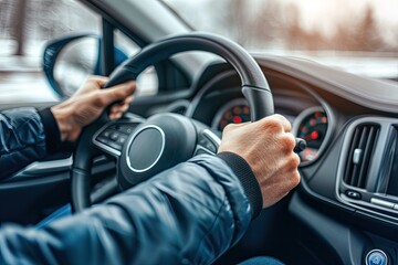 Naklejka premium Close up of male hands on steering wheel of a car driving on the road